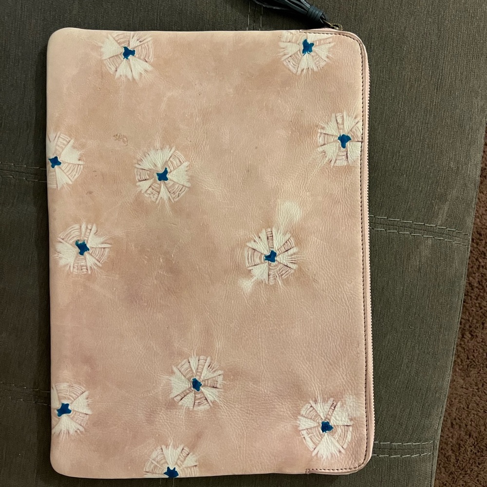 Anthropologie pink white and blue tie dyed LEATHER computer case